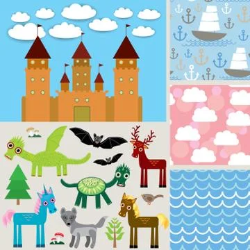 Set 3 seamless background. Castle,  Fabulous animals. Stock Illustration