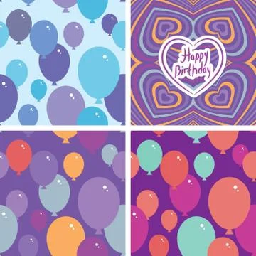 Set 3 seamless pattern with balloons and happy birthday card. purple, pink, b Stock Illustration