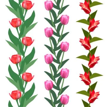 Set of 3 seamless patterns with decorative red and pink tulips, design elements Stock Illustration