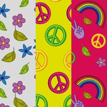 Set of 3 seamless patterns with hippie designs. Pattern in hippie style. Stock Illustration