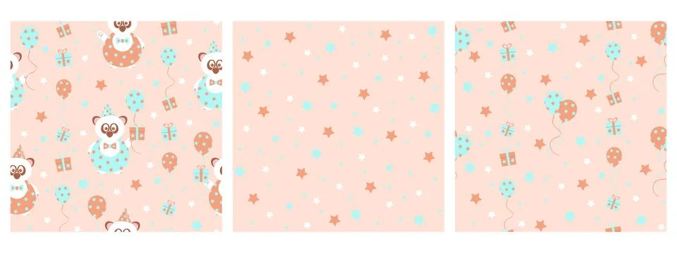 Set of 3 seamless vector patterns with cute party panda bear with gifts Stock Illustration