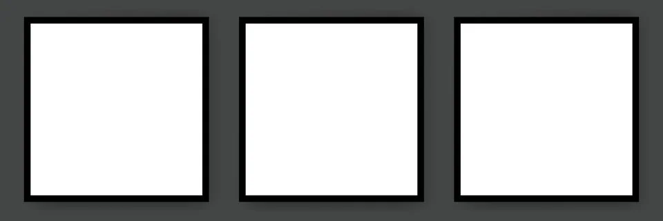 Set of 3 square blank poster mockups with black frames on dark grey background イラスト素材