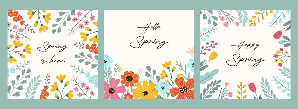 Set 3 square cards in flat style for spring or summer design Stock-Illustration