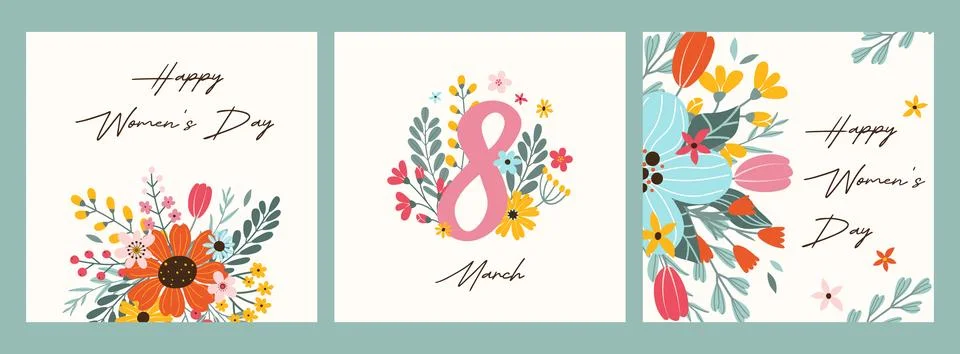 Set 3 square greeting cards for Happy Womens Day and 8 March. Stock-Illustration