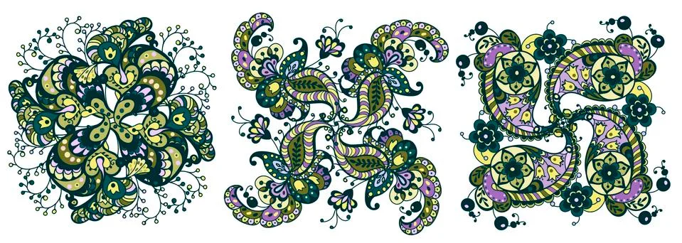 Set of 3 square pattern elements in purple and golden green colors for kitche Stock Illustration