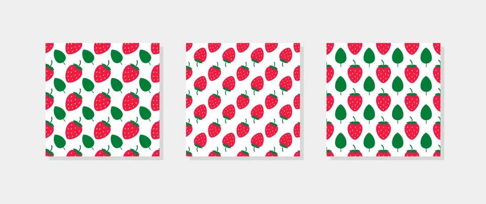 Set of 3 strawberries seamless patterns. Summer berry vector background.  V.. Stock Illustration