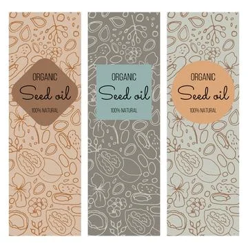 Set of 3 vector nut oil label templates. Based on had drawn sketch. Stock Illustration