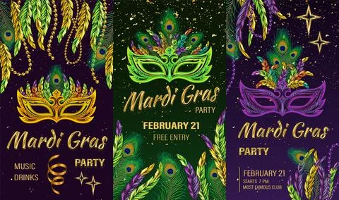 Set of 3 vertical carnival posters with mask, feathers, beads, stars, text Stock Illustration