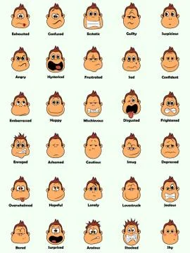 Set of 30 Cute Emotions on White Background . Isolated Vector Illustration Stock Illustration