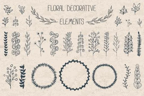 Set of 30 floral decorative elements 库存插图