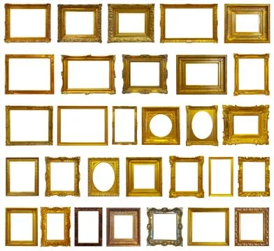 Set of 30 gold picture frames Stock Photos