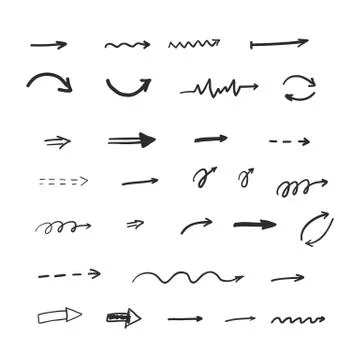 Set of 30 hand drown arrows. Black on white background. Sketch vector illustr Illustrazione stock