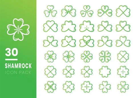 Set of 30 leaf clover icon. Green shamrock isolated on white background. Suit Stock Illustration
