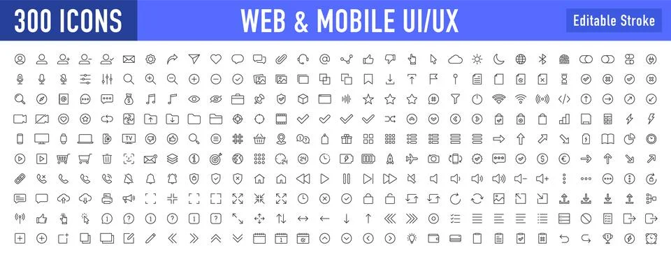 Set of 300 Interface ui, ux web icons in line style. User, profile, message.. Stock Illustration