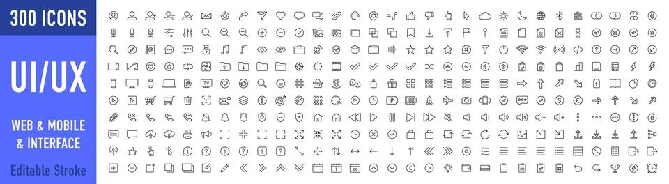 Set of 300 Interface ui, ux web icons in line style. User, profile, message, mob Stock Illustration