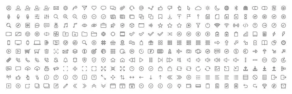 Set of 300 Interface ui, ux web icons in line style. User, profile, message.. Stock Illustration