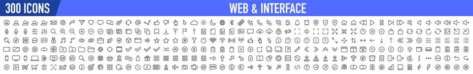Set of 300 Interface ui, ux web icons in line style. User, profile, message.. Illustrazione stock