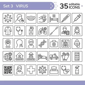 Set of 35 editable virus and medical icons including coronavirus, mask, lun.. Stock Illustration