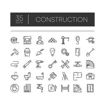 Set of 35 line icons of construction for modern concepts, web and apps on whi Stock Illustration