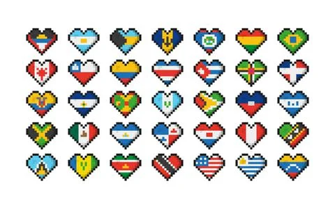 Set of 35 pixel art flags of the countries of America. Icon set Vector Illu.. Ilustración de archivo