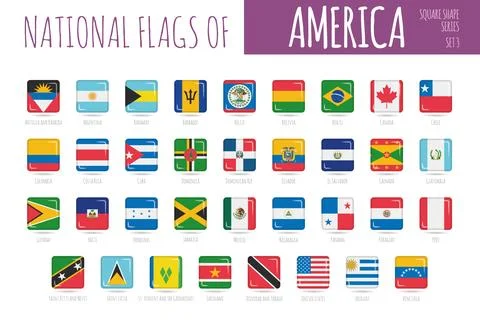 Set of 35 square shaped flags of the countries of America. Icon set Vector .. Stock Illustration