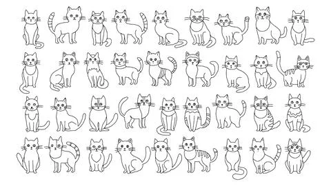 Set of 36 cute different cartoon cats with different emotions. Black and white Stock Illustration