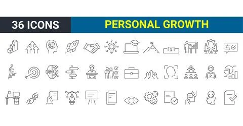 Set of 36 vector line icons related to personal growth Stock Illustration