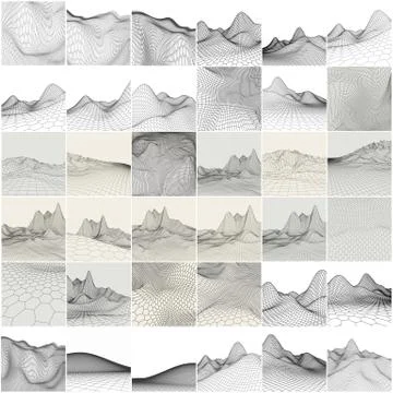 Set of 36 wireframe landscape backgrounds. Retro background futuristic landscape Illustrazione stock