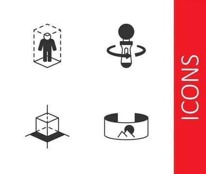 Set 360 degree view, 3d modeling,  and VR controller game icon. Vector Stock Illustration