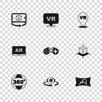 Set 360 degree view, 3d modeling, Wide angle picture, Gamepad, Virtual real.. Stock Illustration