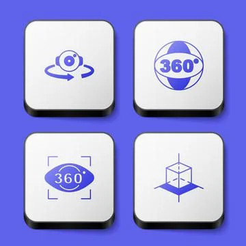 Set 360 degree view, and 3d modeling icon. White square button. Vector Illustrazione stock