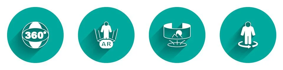 Set 360 degree view, Augmented reality AR, and 3d modeling icon with long shadow Illustrazione stock