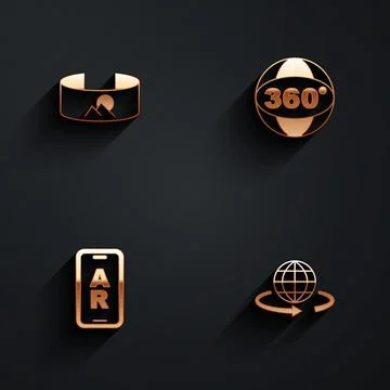 Set 360 degree view, Augmented reality AR and 3d modeling icon with long shadow Stock Illustration