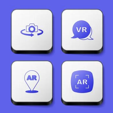 Set 360 degree view, Virtual reality, Augmented AR and icon. White square button Stock Illustration