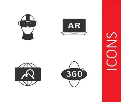 Set 360 degree view, Virtual reality glasses, Wide angle picture and Augmented Illustrazione stock