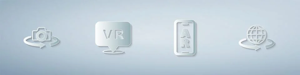 Set 360 degree view, Virtual reality, Augmented AR and 3d modeling. Paper art Stock Illustration