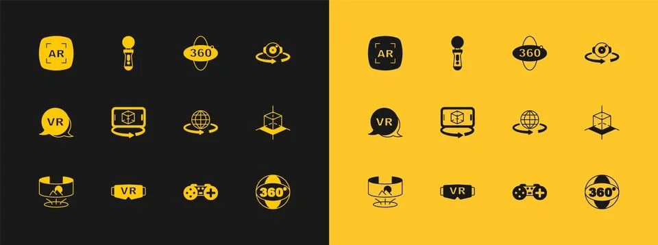 Set 360 degree view, Virtual reality glasses, 3d modeling, Gamepad, Augment.. Illustrazione stock