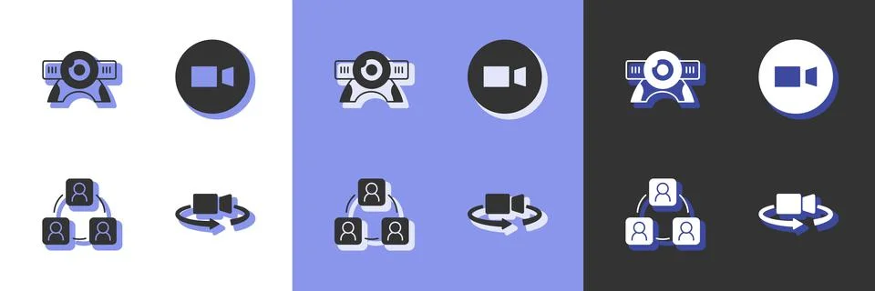 Set 360 degree view, Web camera, Meeting and Video chat conference icon. Vector Stock Illustration
