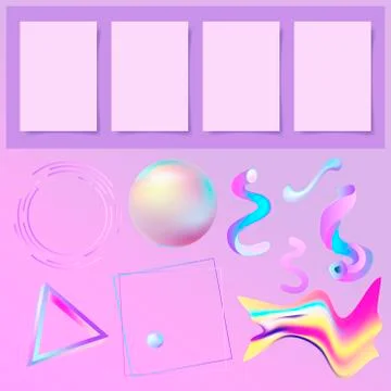 Set of 3D abstract memphys elements and four sheets of paper Stock Illustration