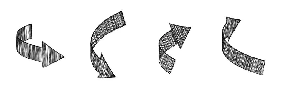 Set of 3d arrows drawn in gray pencil, indicates the direction of movement Illustrazione stock