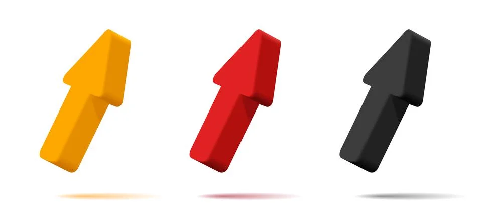 Set of 3d arrows icons, render style, pointing up in different colors Illustrazione stock