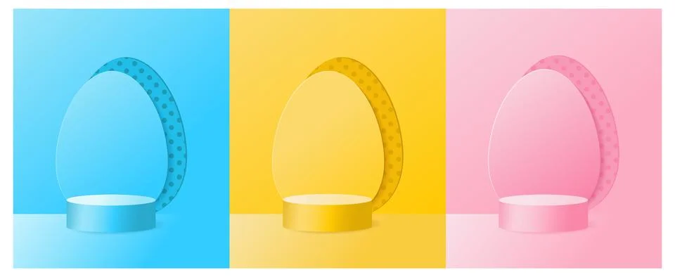 Set of 3D backgrounds with Easter holiday. Yellow, blue, pink and oval egg Stock Illustration
