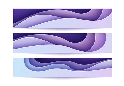 Set of 3d banners with wave in paper cut style. Three abstract flyers purple Stock Illustration