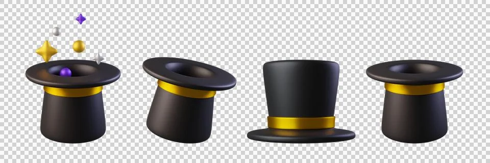 Set of 3d Black Magic Hat with Golden Ribbon Stock Illustration