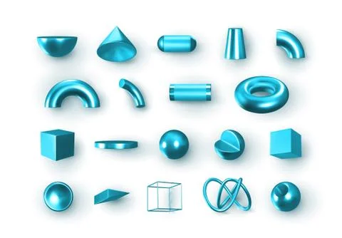 Set of 3d blue Geometric Shapes Objects. Realistic geometry elements isolated Stock Illustration