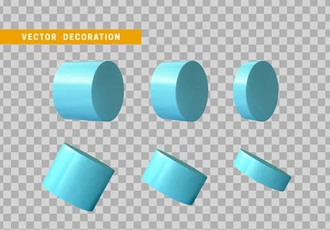 Set of 3d blue Geometric Shapes Objects round steel, bar, metal round timber. Stock Illustration