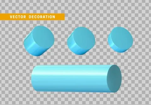 Set of 3d blue Geometric Shapes Objects round steel, bar, metal round timber. Stock Illustration
