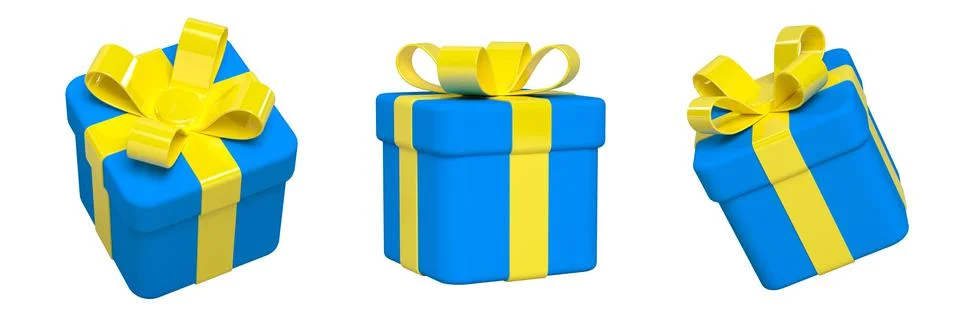 Set of 3d blue gift boxes, yellow glossy ribbon Stock Illustration