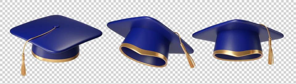 Set of 3d Blue Graduation cap or hat with golden Tassel Illustration