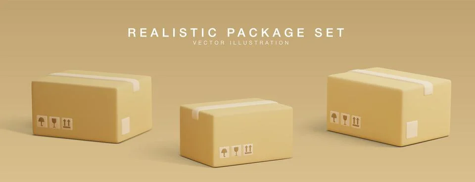 Set of 3D cardboard closed boxes isolated on light background. Realistic deli Stock-Illustration